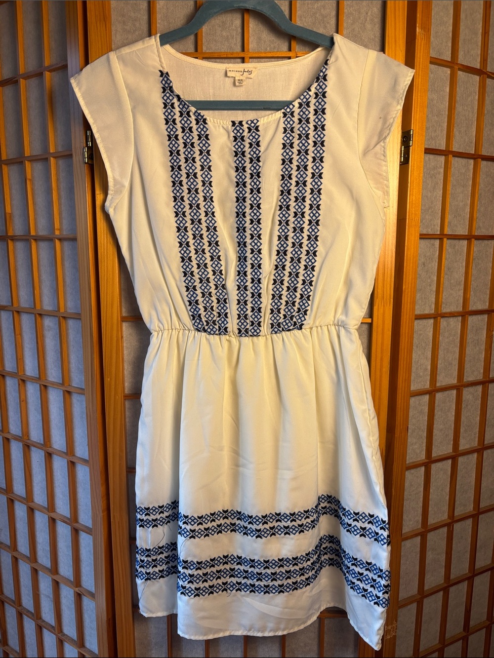 Maison Jules White Dress with Navy Embroidery